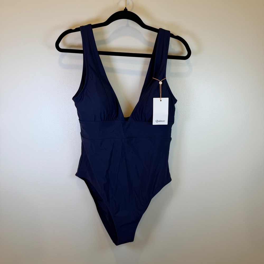 Quince Womens Navy Plunge Deep V-Neck One Piece Swimsuit Sz L NEW Bathing Suit